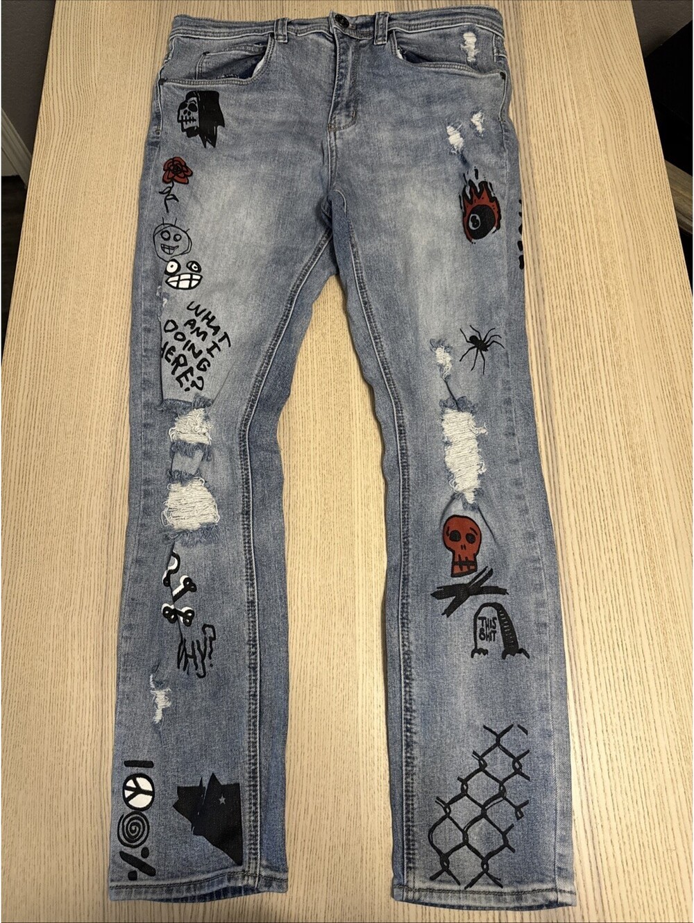Ninth Hall Lure Printed Tapered Skinny Jeans Mens 32w Distressed Doodle Graphic
